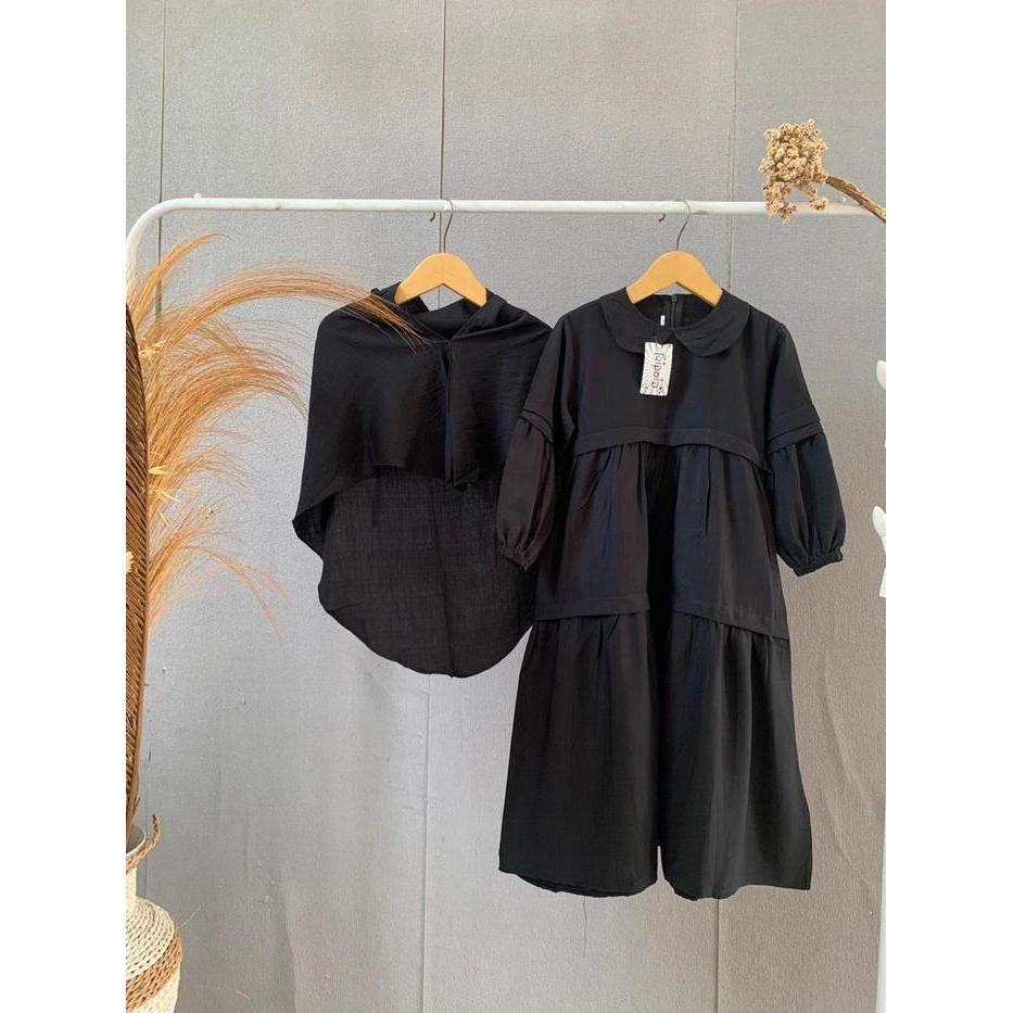 Gamis Anak Perempuan Muslim Hitam Putih Free Kerudung Bahan Katun Linen Usia 3-12 Tahun