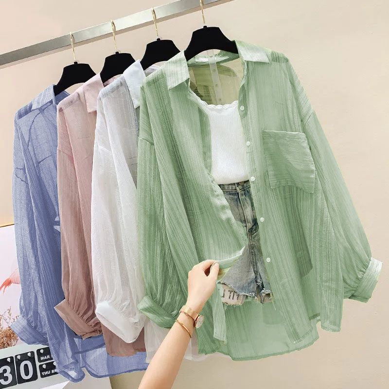 Summer Sunscreen Shirt Elegant Perspect Thin Chiffon Blouse Korean Harajuku See Through Loose Top
