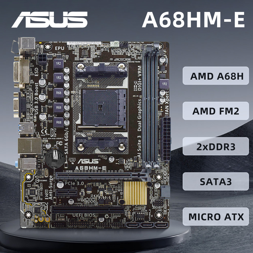 Asus A68Hm-E Motherboard Support A8-7670K 7650K Cpu 2Xddr3 Fm2 Amd A68H 32Gb Pci-E 3.0 X16 Dvi