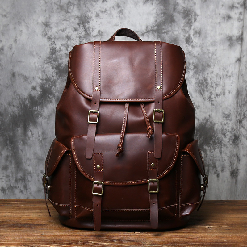 NZPJ Vintage Genuine Leather Men's Backpack Crazy Horse Leather Backpack Natural Cowhide Parachute