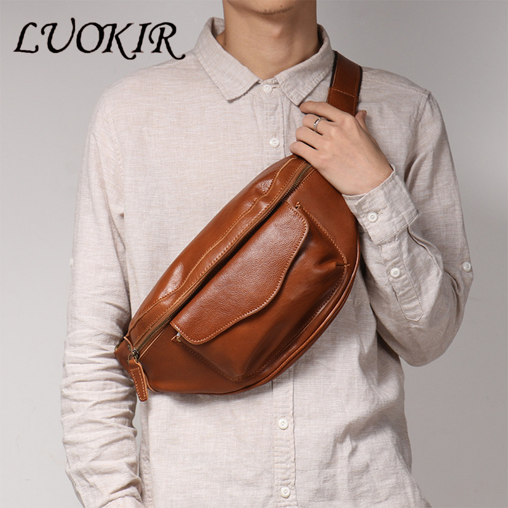LUOKIR Retro Leather Men's Chest Bag, Vegetable Tanned Leather Casual Crossbody Bag, Cowhide