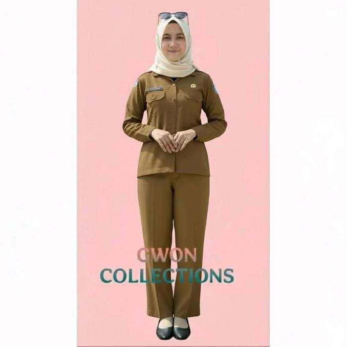ASLI SETELAN SERAGAM PNS WANITA SET CELANA BAJU DINAS PEMDA WARNA KHAKI TUA BAHAN TOYOBO FODU READY