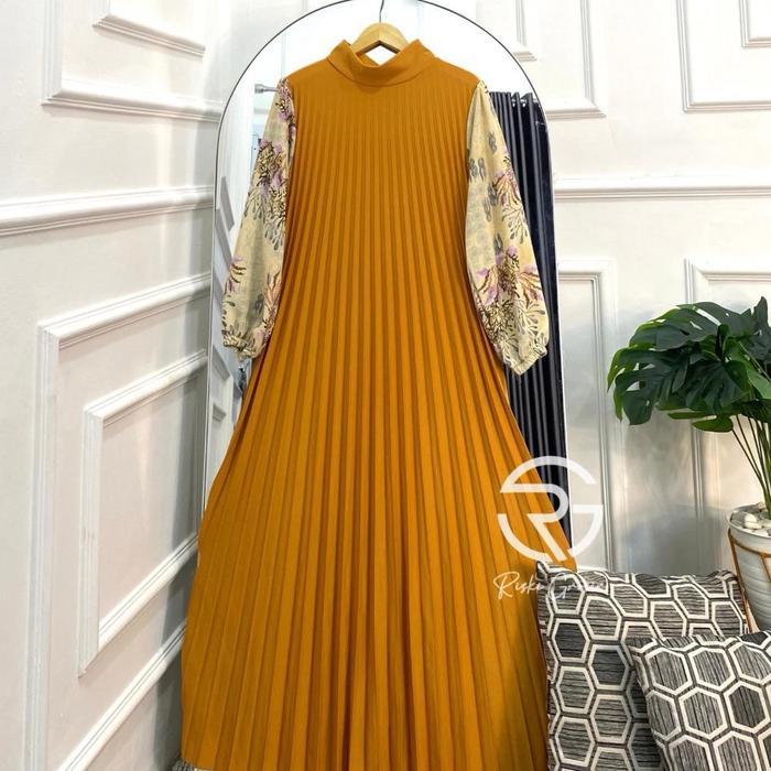 READY Rayya Long Dress Gamis Plisket Premium Motif Bunga Casual Panjang Silk Melar Nyaman Wanita