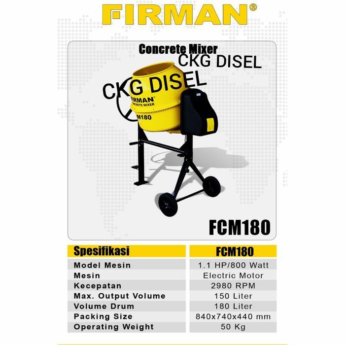 Mesin Aduk Semen Molen Firman 180 Liter FCM180 + Dinamo 1.1 HP FCM 180