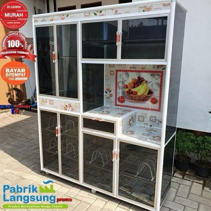 GRATIS ONGKIR - Rak piring 2 pintu / 3 pintu / 4 pintu kaca bahan aluminium kaki roda