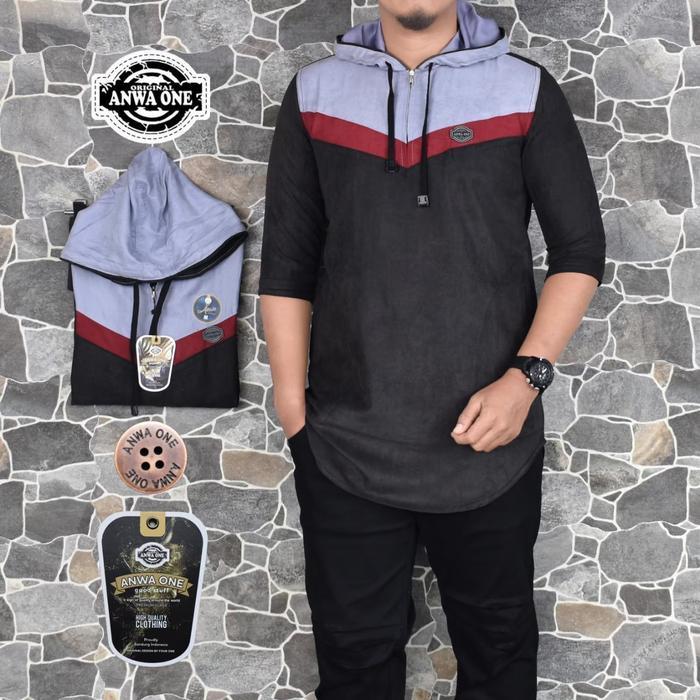 Indah - Kurta Koko Baju Muslim Pria Hoodie Zipper 3D Lengan 3/4 Bahan Katun Tebal