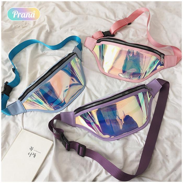 PRANA Tas Fashion Wanita Waistbag Hologram Model Seleting Zipper / Tas Pinggang Model Transparan