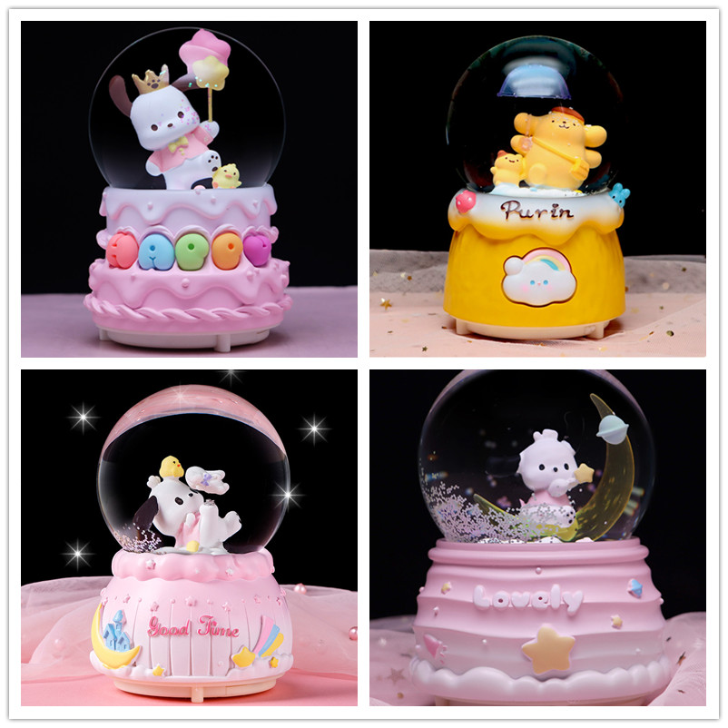 Crystal Ball Music Box Cartoon Sanrio Pochacco Birthady Gifts Glowing Snowflakes Music Box Home