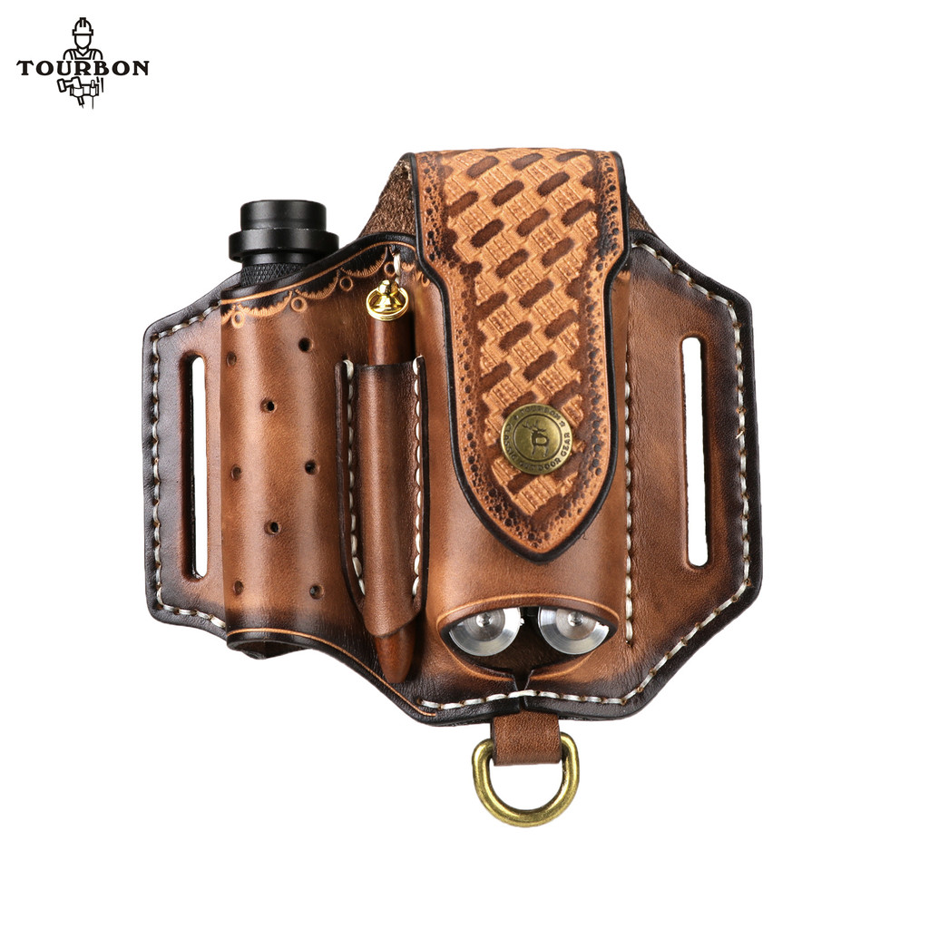 Tourbon Multifunction Leather Folding Knife Sheath EDC Pocket Organizer for Folding Knife Flashlight