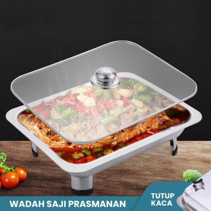 Wadah Saji Prasmanan-Nampan Stainless Persegi Tutup Kaca Tahan Karat [Harga Satuan]