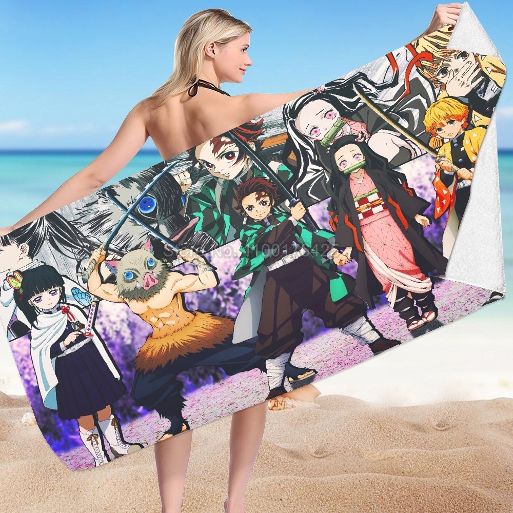 Handuk Pantai Cepat Kering Bayi Anime Demon Slayer Handuk Mandi Wajah Serat Mikro Handuk Mandi Kartu