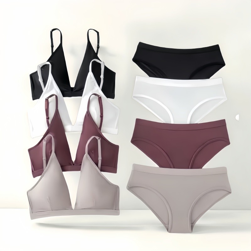 Women Seamless Bra And Panties Set Low Waist Ice Silk Briefs Non-Wire Bra Lingerie Female Push Up