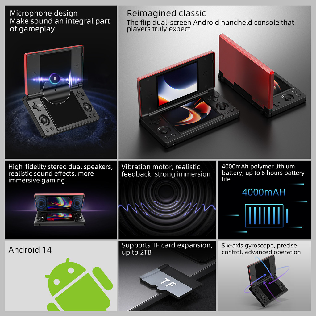 RG DS Handheld Game Console 4 Dual IPS Touchscreen RK3568 Processor Android14 Hall Effect Magnetic