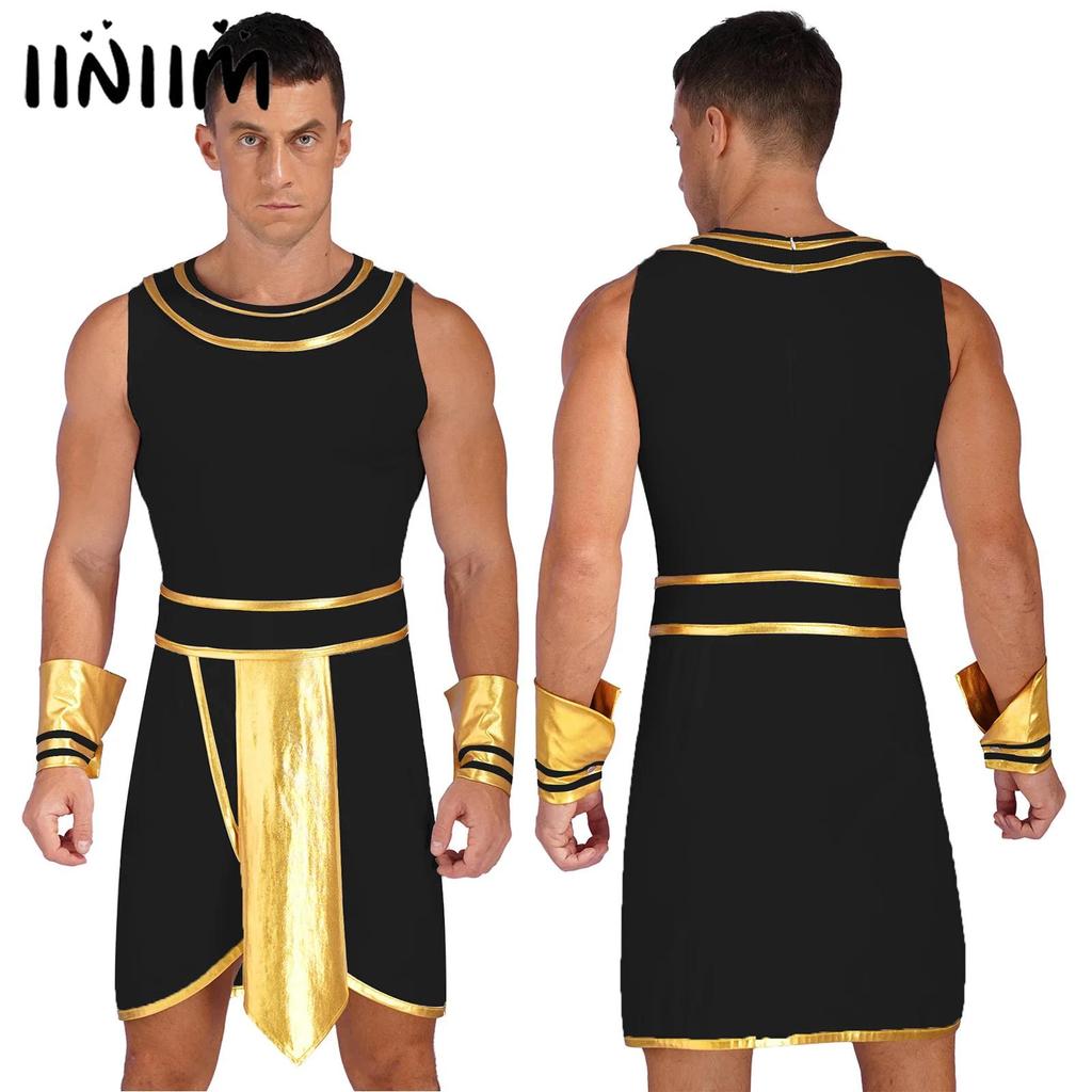 Mens Ancient Egypt Pharaoh Costume King Cosplay Pharaoh Halloween Outfit Round Neck Fantasia