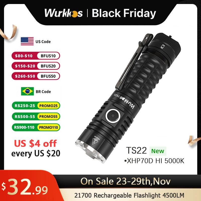 Wurkkos TS22 Rechargeable 21700 LED Flashlight XHP70.2 Powerful Max 4500LM IP68 with Magnet Tail & R