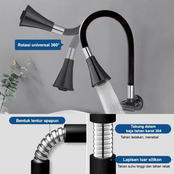 Sus304 Kran Angsa Fleksibel Kran Cuci Piring Hitam Kran Cuci Piring Dinding Anti Karat Air Keran