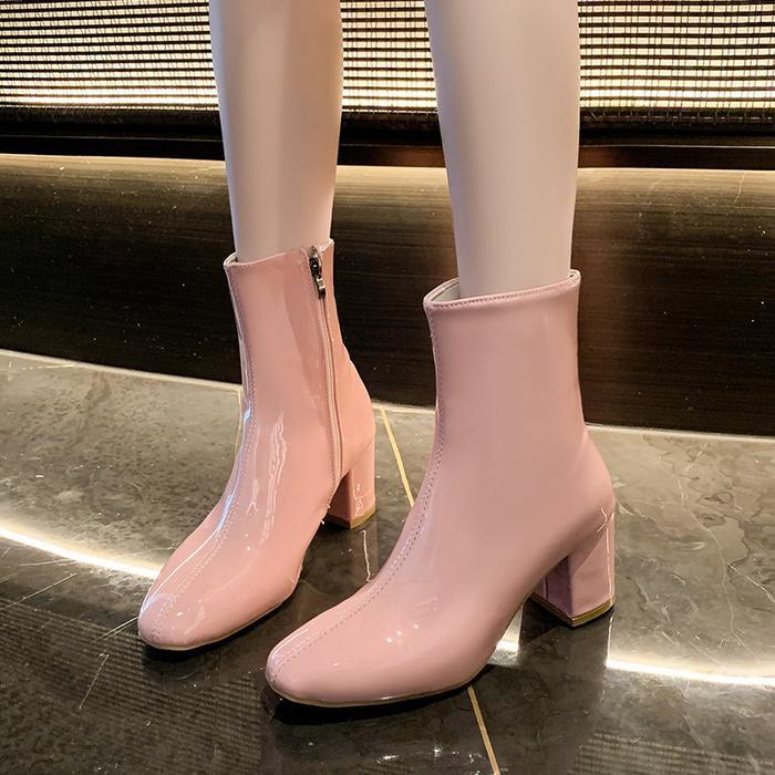 Pinkey P363 Sepatu Glossy Heels Boots Resleting Kulit Wanita Premium Quality Shoes Hitam Pink