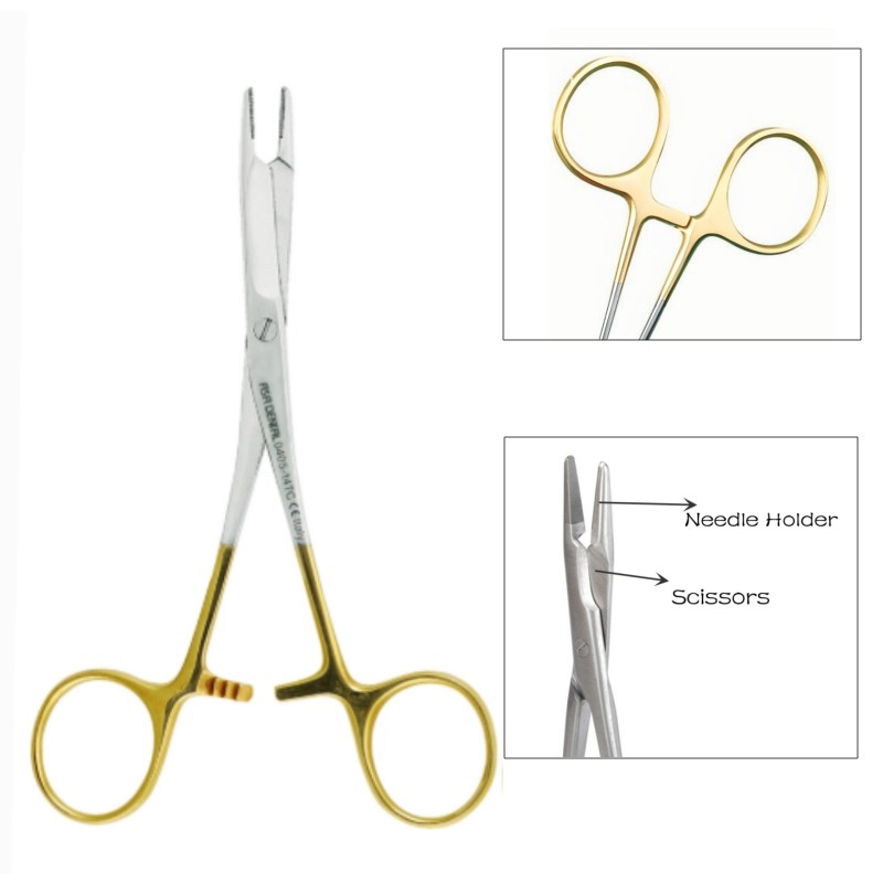 Dental Multifunctional Needle Holder with Scissor Stainless Steel Suture Needle Clamp Forceps Gold