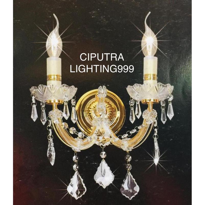 Lampu Dinding Hias Kristal Chandelier Klasik Modern Ruang Tamu Kamar Tidur 2 Lampu Mewah Besi Gold
