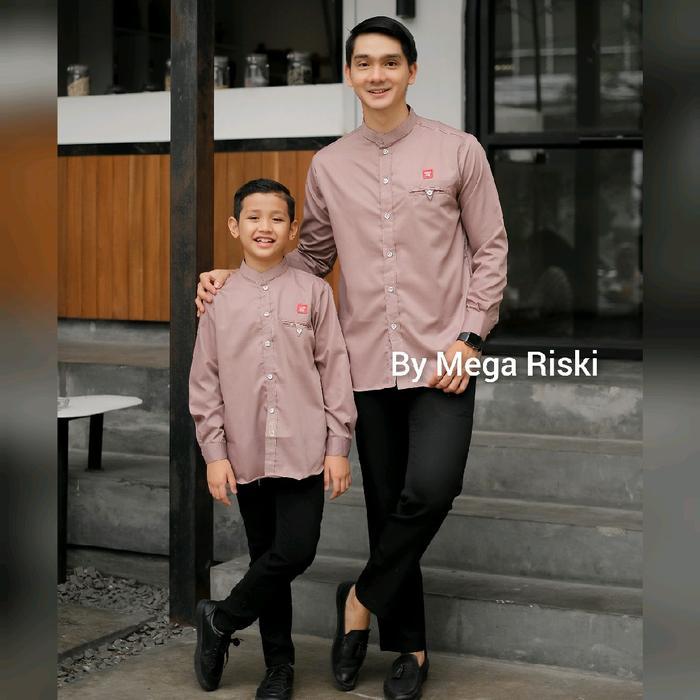Baju Koko Couple Ayah Anak Warna Biru Denim Bahan Toyobo - Atasan Kemeja Koko Kasual Pasti Diskon