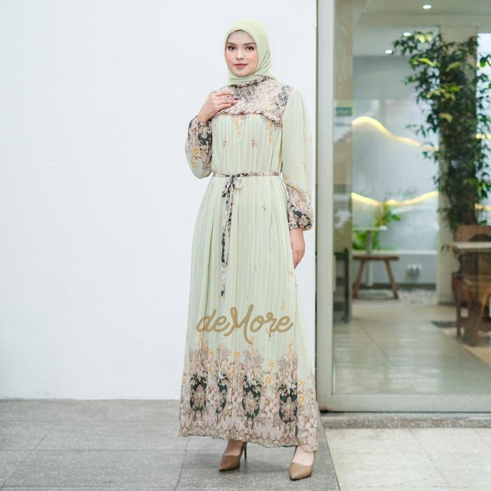 Demore Gamis Kavina Maxi Rempel Pleats Kekinian - Abaya Plisket Elegan Motif Bunga Tabur - Dress