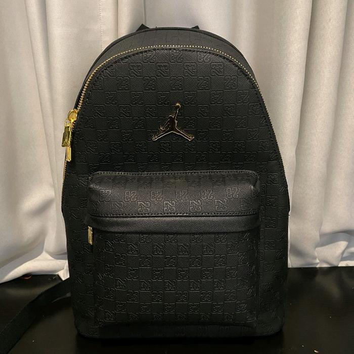 Air Jordan Monogram Faux Leather Backpack Black Gold / Tas 100% Original