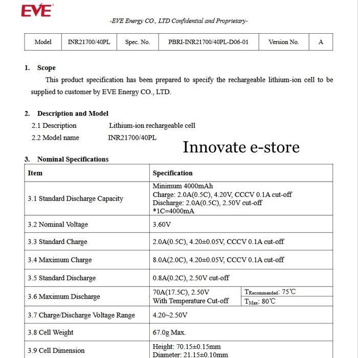 BATTERY CELL 21700 EVE 4000MAH 40PL BUAT HIGH END DRONE HIGH DRAIN 17.5C DISCHARGE MAX 70A