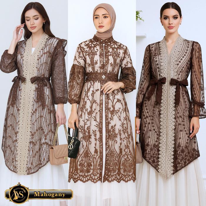 PREMIUM Yesaya - Outer Brukat Atasan Tunik Muslim Wanita Khusus Mahogany Seragaman