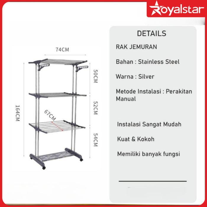 Royalstar Rak Jemuran Baju Handuk Portable Rak Jemuran Portable Beroda 3 Susun Lipat Stainless Steel