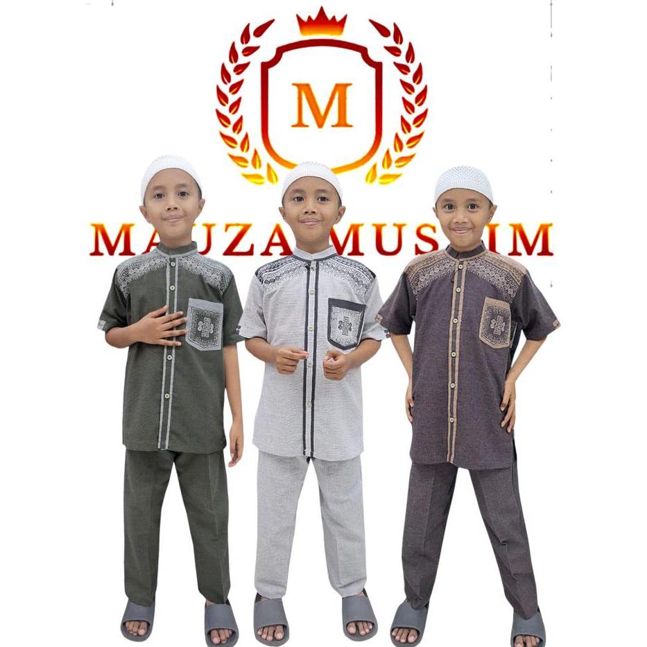 s7 MAUZA MUSLIM Baju Setelan Celana koko Anak Laki Laki Lengan Pendek Bahan Katun Cordova Motif