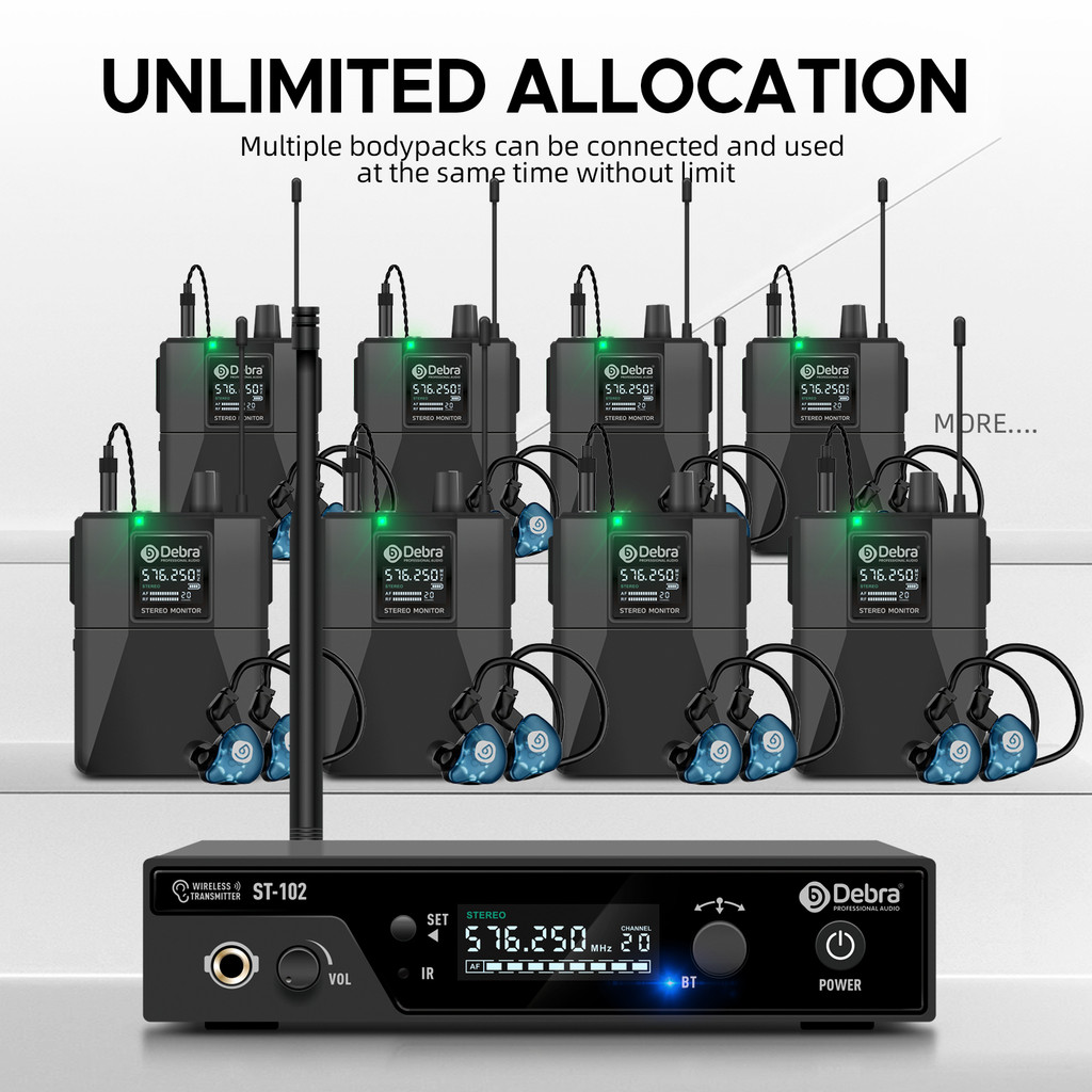 Debra ST-102 Professional Stereo Wireless In-Ear Monitor System with Bluetooth 5.0 UHF for Distance