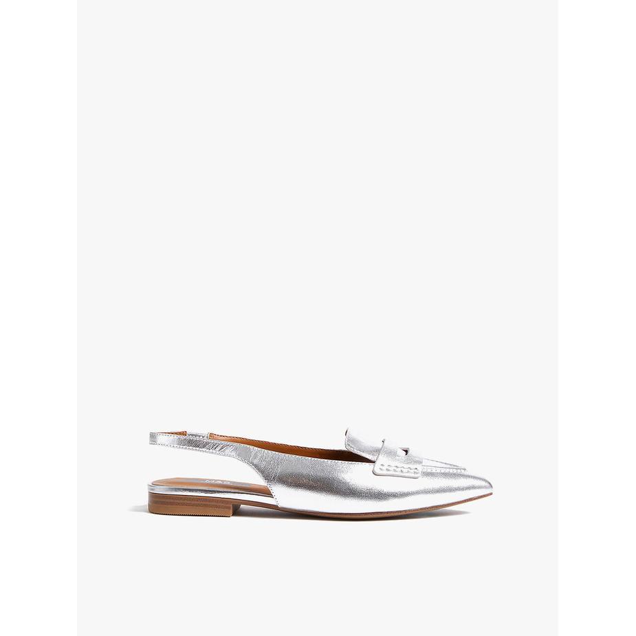 ORIGINAL M&S - Sepatu Wanita - Leather Slip On Flat Slingback Shoes - Silver READY STOCK