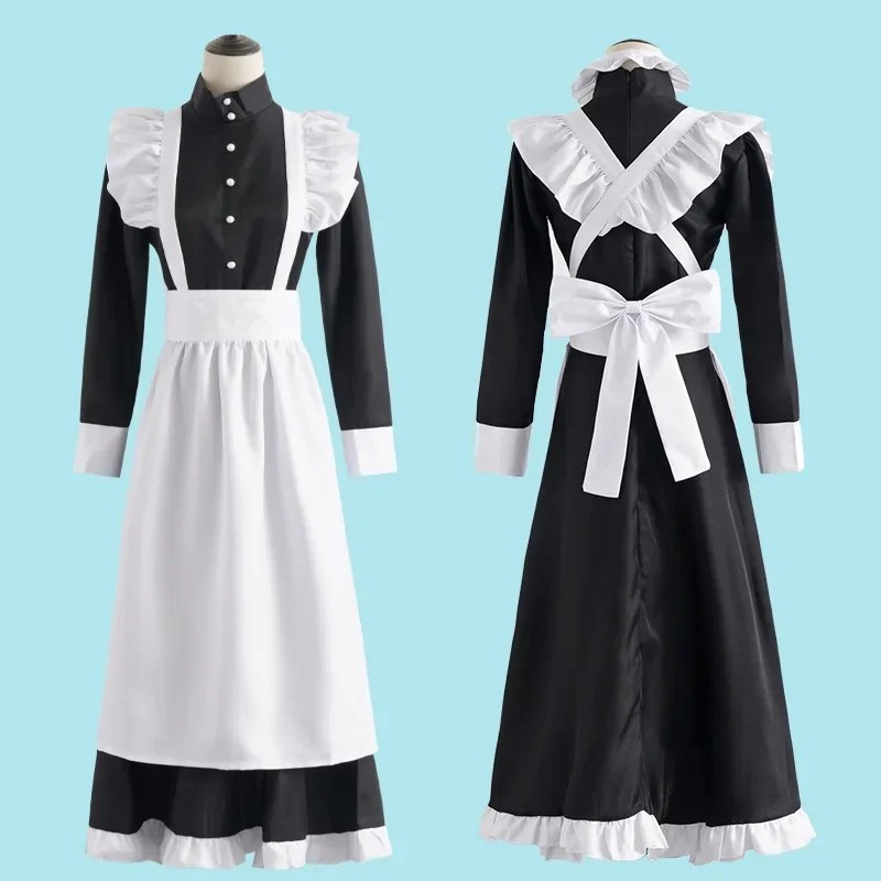Classic Black White Maid British Style Pearl Thread Long Coffee Shop Maid Dress Home Holiday Cosplay