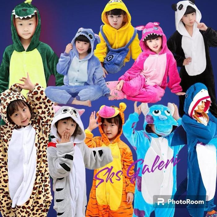 Baju Kostum Piyama Tidur Cosplay Anak Laki Laki Perempuan Motih Hewan kartun Dinosaurus spiderman