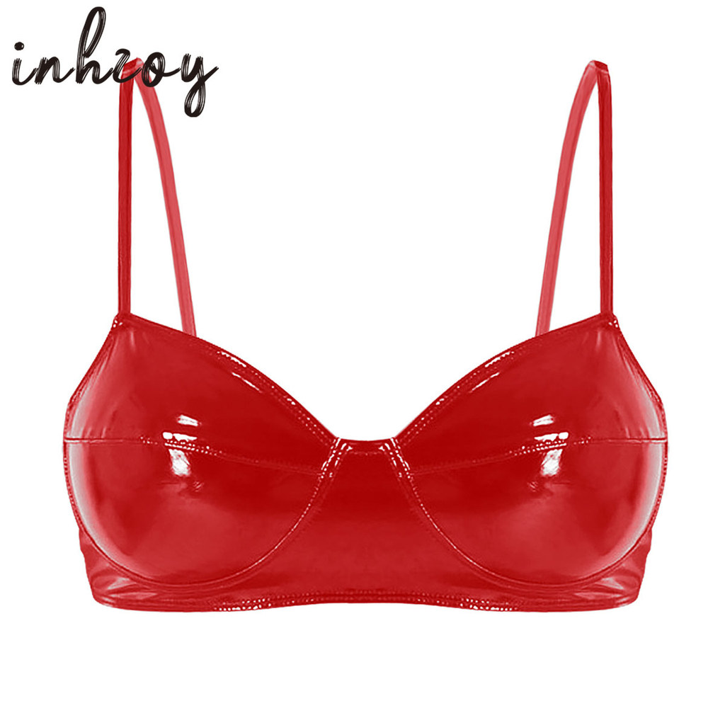 Womens Belly Dancing Clubwear Wetlook Glossy Patent Leather Bra Top Lingerie Nightclub Rave Outfit