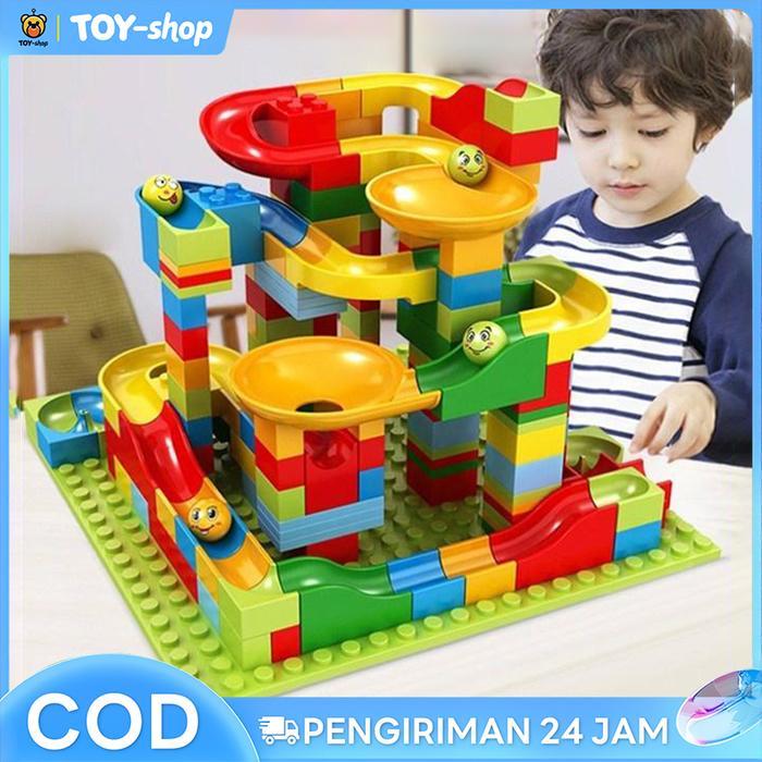 DISKON Balok bangunan 168 buah, lintasan luncur bola, lintasan kelereng