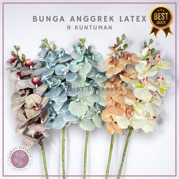 (BEST SELLER) Bunga Anggrek Latex Jumbo 9 Kuntum Bunga Anggrek Hias Tangkai Panjang Artificial bunga