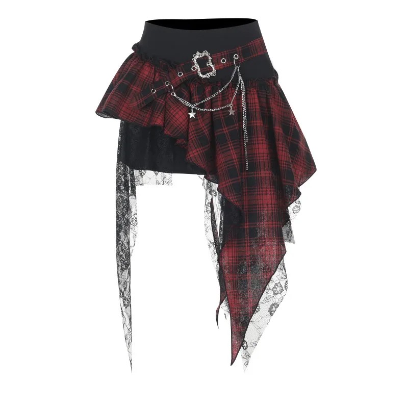 Punk Gothic Skirt Women Streetwear Harajuku Irregular Patchwork Red Plaid Skirt Hotsweet Y2k