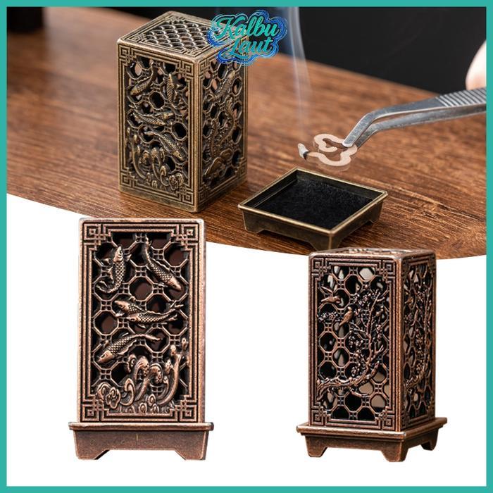 Tempat Bakar Dupa Logam Kotak Feng Shui Vertikal Kerawang Gaya Oriental Klasik Perunggu Hiasan Meja