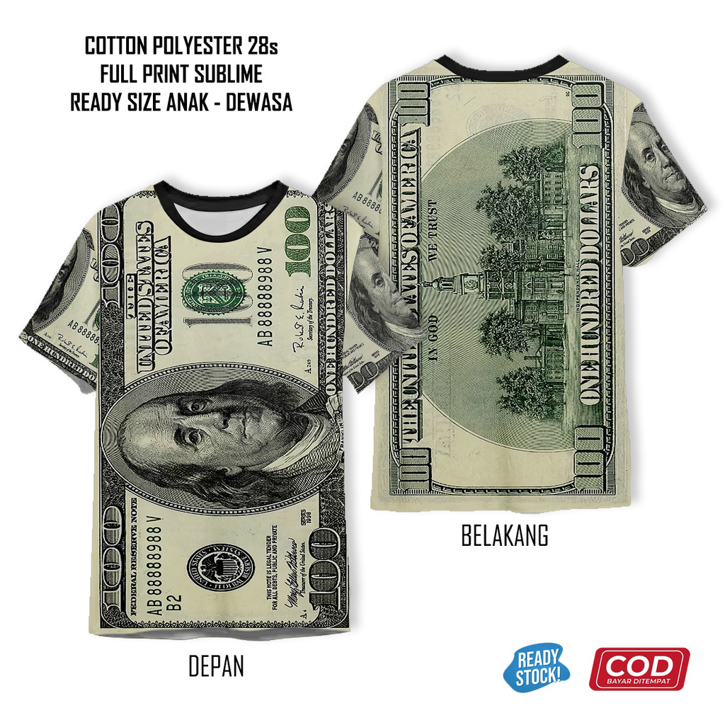 Kaos Uang Dolar Dollar Amerika Full Printing Keren | Baju 3D Anak dan Dewasa Unisex - Teesmart