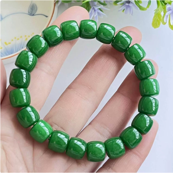 Grade A Natural Myanmar Jadeite Bracelet Imperial Green Barrel Beaded Jade Bangle Authentic Burmese