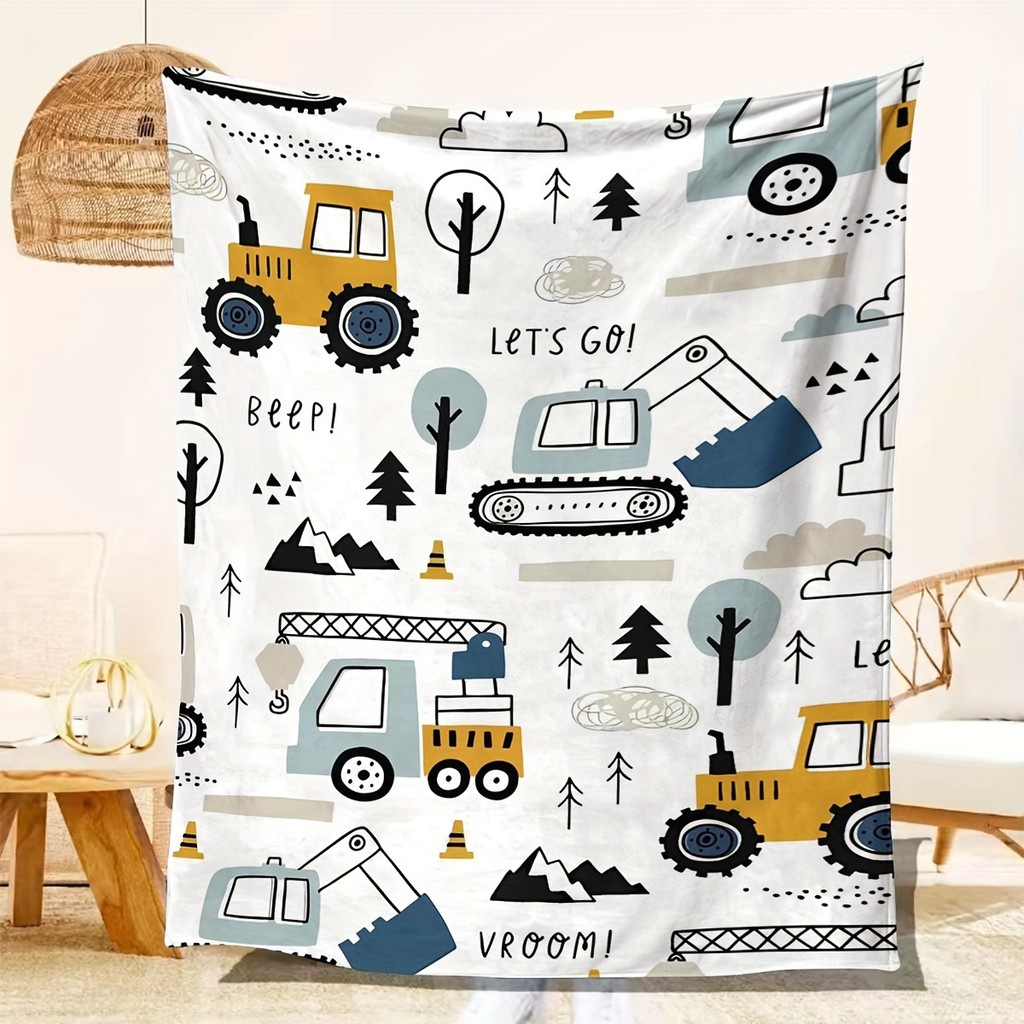 The cartoon excavator print blanket is suitable for all seasons, warm and comfortable, perfect for