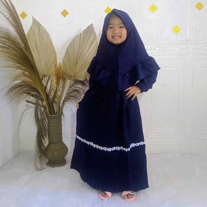 GAMIS SYARI MUSLIM ANAK PEREMPUAN SET HIJAB USIA SEKOLAH TK DAN SD WARNA BIRU NAVY