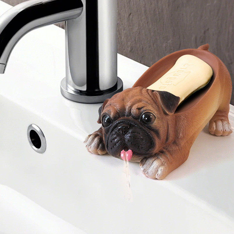 Cute Pug Pet Dog Drain Soap Holder Container Resin Toilet Soap Dish Case Tray Bathroom Accessories