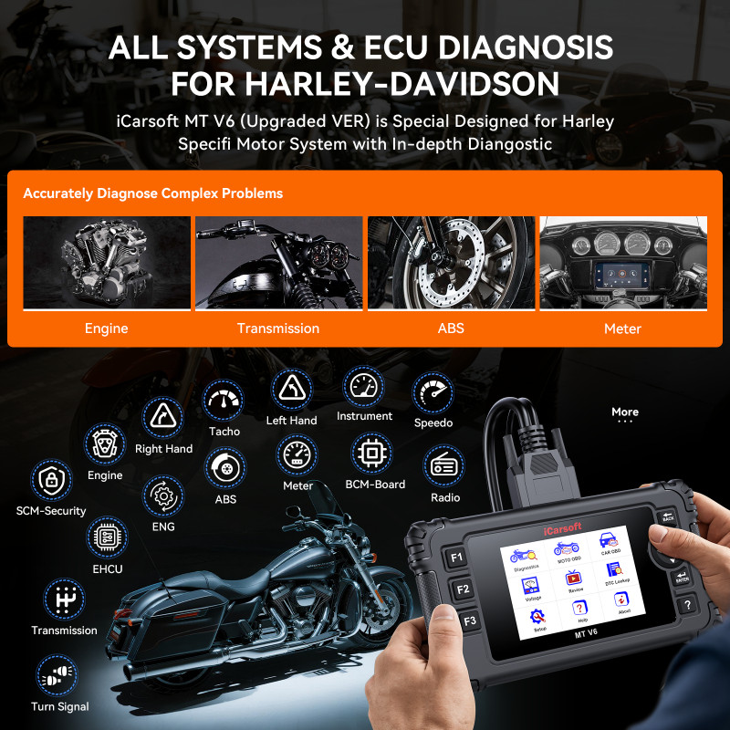 iCarsoft MT V6 Motorcycle Diagnostic Scan Tool for Harley, All System Motorcycle OBD2 Scanner with