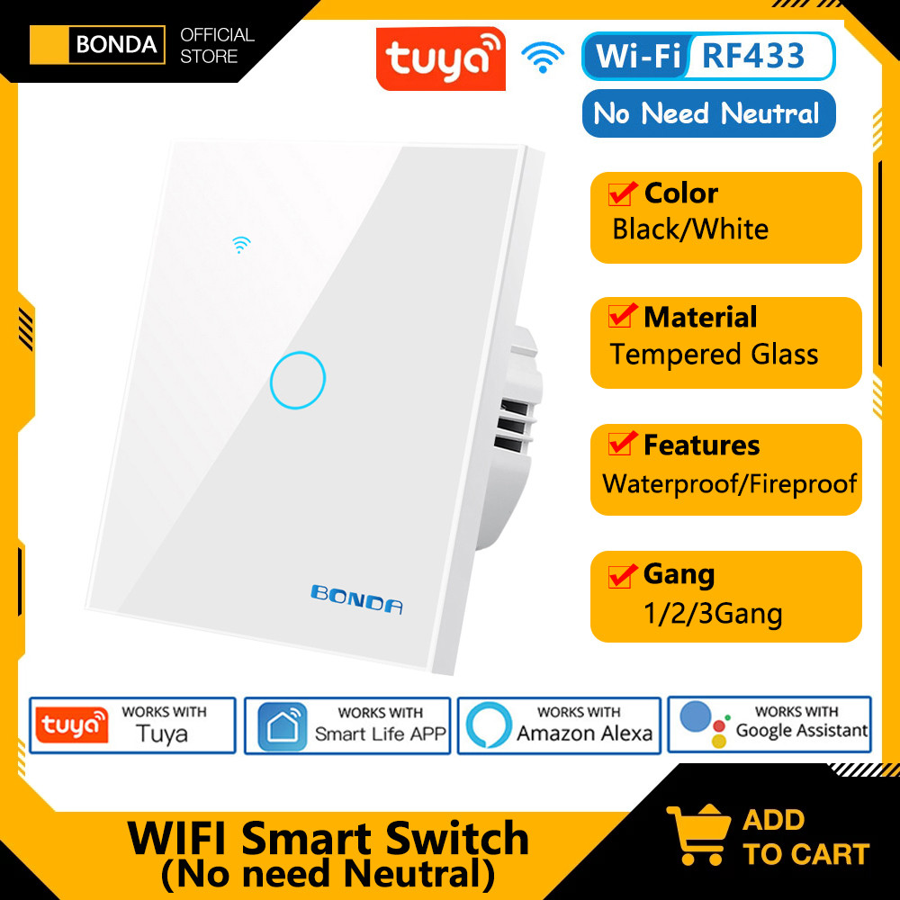 BONDA Smart Switch Wifi RF433 No Neutral EU Standard Tuya Control