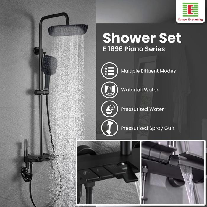 ENCHANTING Shower Set Brass Kuningan Keran Mandi 4 Mode Fungsi Black Design LED Piano Series | Showe