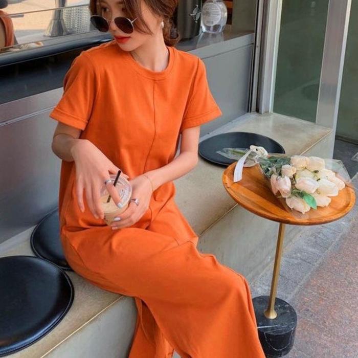 D32-26 Midi Dres Polos Lengan Pendek Backless Wanita Belahan Samping Kanan Kiri Casual Dress