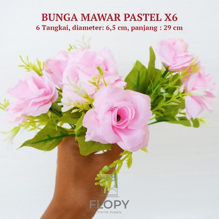 FLOPY Bunga Mawar Pastel X6 6 Tangkai Diameter 6,5 cm Panjang 29 cm Plastik Artificial Cantik untuk