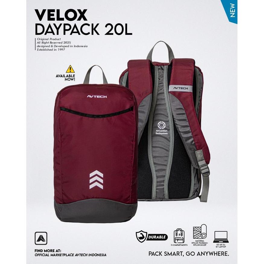 AVTECH - Tas Ransel Daypack Laptop Harian Sekolah Kerja Travel Bag Lifestyle 20 Liter - VELOX 20